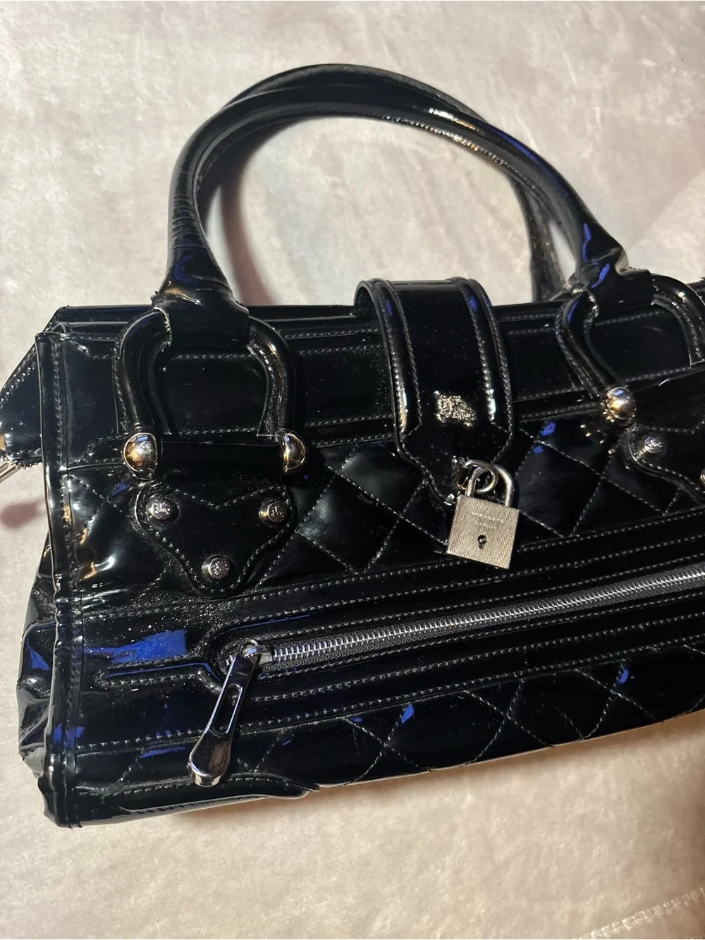 Burberry Black Patent Leather Quilted Satchel Lock Shoulder Bag